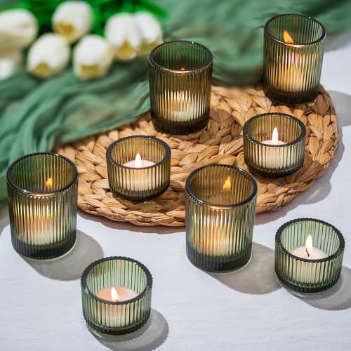 Glasseam Green Glass Candle Holder: Set of 8 Tea Light Candle Holders Ribbed Tealight Holders for Table Centrepiece Small Tea Light Holder for Christmas Wedding Party Home Decor