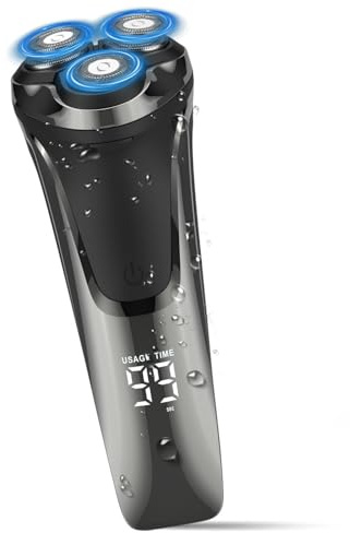 Afeitadora Electrica Hombre Impermeable IPX6, 3 Cabezales Flotantes 4D, Pantalla LED, 90 Min Uso, Recargable USB, Bloqueo Seguridad, Recortadora Lateral Emergente con Botón