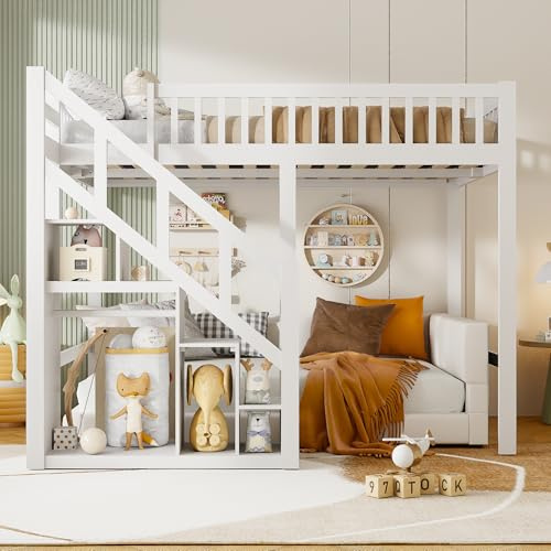 MEXUS Lit superposé Enfant 90x200cm, lit Mezzanine Multifonctionnel avec sommier à Lattes, Espace de Rangement, étagères, escalier, en Bois, avec Armoire Simple, sans Matelas (Blanc, 90x200cm)