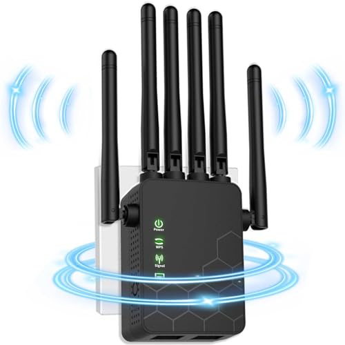 WiFi Extender Booster, WiFi Booster Range Extender with 6 Powerful Antennas, 2 LAN Ports, Repeater/Router/Ap Mode, Quick Setup, Compatible with All Internet Boxes