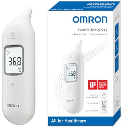 OMRON Gentle Temp 533 Termómetro digital – Termómetro oído bebé e infantil, termómetro infrarrojos sin cubiertas de sonda, medición 1 segundo, preciso, silencioso, memoria 30 lecturas, blanco