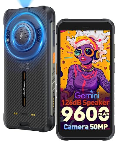 Ulefone RugKing Outdoor Handy Android 15, 9600mAh Baustellen Handy 16GB+128GB/SD 2TB, Octa‑Core AI, IP68 Smartphone 50MP+8MP Kamera 5,99 Zoll, 126dB Lautsprecher, 126LM LED, NFC/OTG/GPS, 3-SIM-Slots