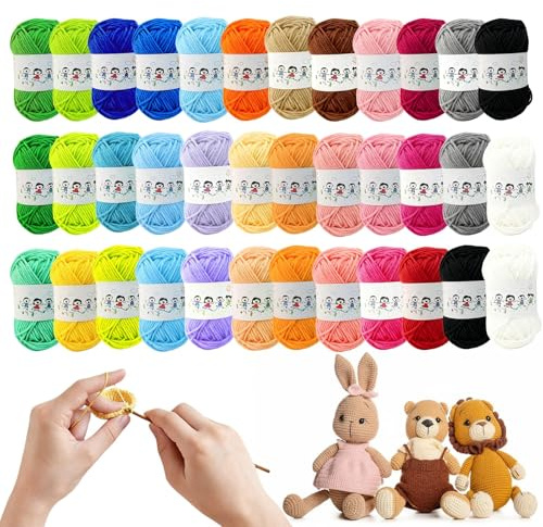 36 Stück Wolle Bunt, Amigurumi Wollen, 10g/20m Häkelgarn, Häkelwolle, Cotton Yarn, für Anfänger Mehrfarbiges Crochet Yarn zum Stricken Häkeln und Basteln