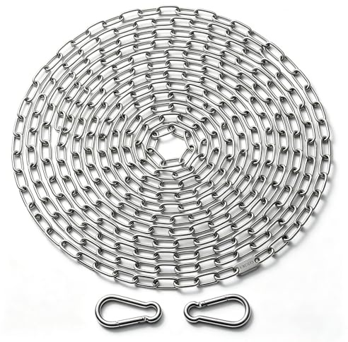 Metal Chain Link,6M Stainless Steel Chains Links with Carabiner,1.5MM Garden Chains for Fences,Garage Doors, Gates,Bike Security Locks