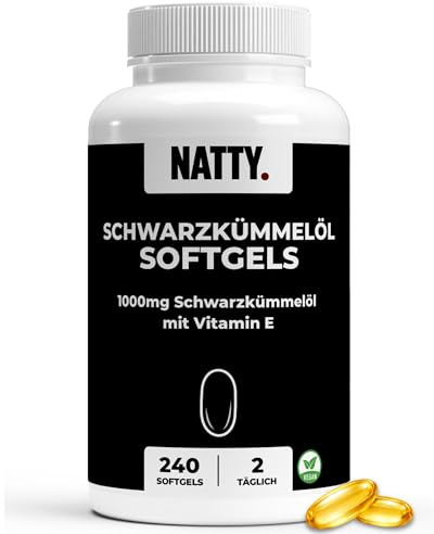 NATTY Schwarzkümmelöl Softgels - 240 vegane Softgels - 1000mg Ägyptisches Nigella Sativa Öl kaltgepresst mit Vitamin E - für 120 Tage - Schwarzkümmelöl hochdosiert ohne Gelatine