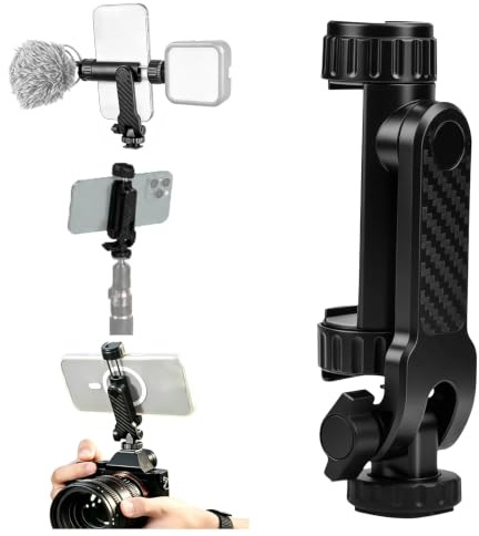 Phone Tripod Mount, Universal Smartphone Holder with 2 Cold Shoe Mounts | & 1/4 Screw Thread, 360° Rotation & 180° Tilt Adjustable Cell Phone Clamp Holder for iPhone & Android Photography Vlogging