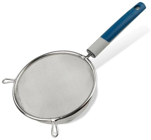 Tasty Stainless Steel Sieve, Wire Mesh Sieve with Long Handle & 2 Holders, Mesh Strainer, Kitchen Gadget, Dishwasher Safe, Ø 14 x 29 cm, Colours: Cool Dark Blue, Grey and Silver