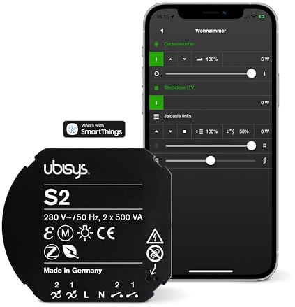 ubisys S2 Zigbee Schaltaktor | Bis zu 2 x 500VA, Funk-Schalter zum Nachrüsten, Intelligente Beleuchtung, Verbrauchersteuerung, Smart Home