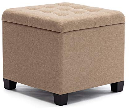 HNNHOME Sitzhocker mit Stauraum, Sitzwürfel mit Deckel, Sitztruhe, Fußbank Truhen Aufbewahrungsbox, Leinen, 44 L, 45 x 45 x 41 cm, Beige