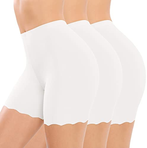 UMIPUBO Damen Unterhosen Shorts 3er Pack Anti Chafing Boxershorts Hose Unter Rock Anti Scheuer Kurze Radlerhose Hohe Taille Miederhose Weich Sicherheitshose Slip (Kurz - weiß, M)