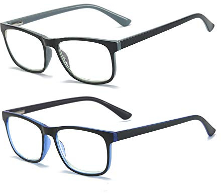 KoKoBin Mode Blaulichtfilter Lesebrille Federscharnier Computerbrille Quadratische HD Anti Blaulicht Brille Herren und Damen (2 stueck（Schwarz、Blau）, 2.00, Dioptrien)