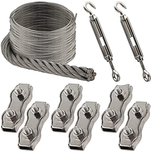 OPIOL QUALITY® 30m Edelstahl Drahtseil Weich 7x19 2mm, 6x Duplex Drahsteilklemme M4, 2x Spannschloss M4 Auge/Haken ähnl. DIN 1480 Edelstahl A4 Set Hanging Kit Klemme Stahlseil Rankhilfe Sonnensegel