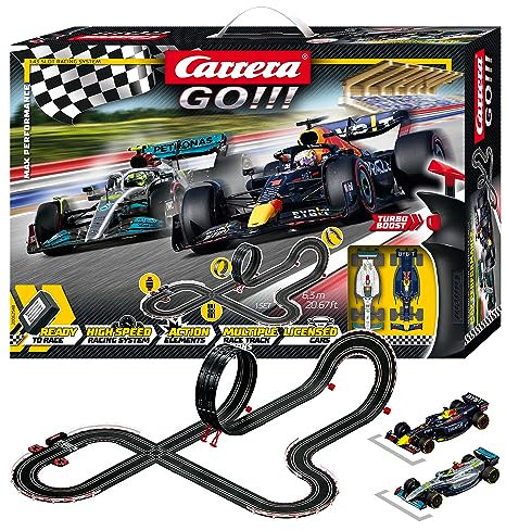 Carrera Go!!! Max Performance | Formel 1 Rennbahn-Set |Max Verstappen vs Louis Hamilton |2 Slotcars inkl. 2 Handregler mit Turbo-Knopf | inkl. Looping, Kreuzung, Fly-Over und Rundenzähler |