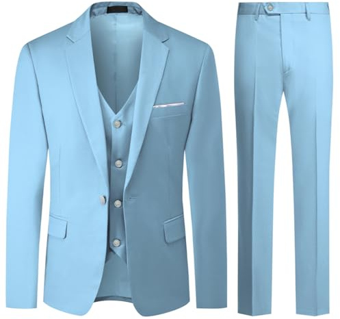 Allthemen Herrkostym med 3 delar, slim fit, enkelknäppt bröllops-/affärskostym, kavaj, väst och byxor, Ljusblå 1, XL