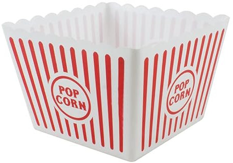 Popcorn' Large White & Red Plastic Holder (22.5 x 17.5 x 15.2 cm) 1 Piece - Reusable & Stylish Printed Stripe Design, Perfect for Group Gatherings & Retro Movie Nights