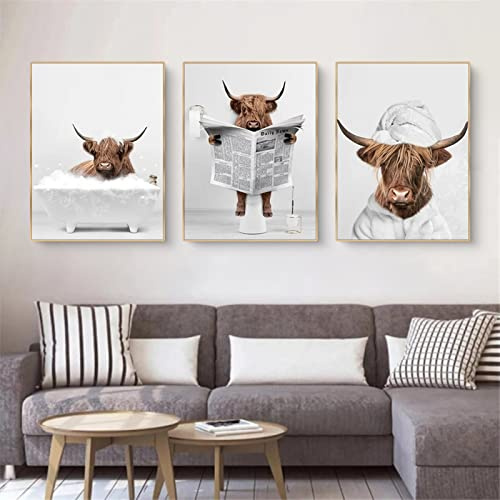 Trayosin 3-teiliges Premium Poster Set,Lustige Hochland Kuh Wandkunst in Badewanne,Tier Wand Kunst Drucke,Hochland Kuh Badewanne Leinwand Malerei Poster Nordisches Badezimmer Wohnkultur (30x40cm)