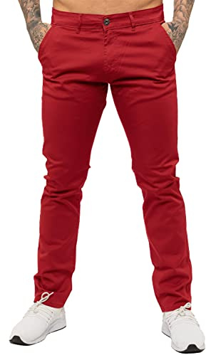 989Zé ENZO mäns Skinny Slim Fit Chinos stretchbyxor byxor, Röd, 36W / 34L