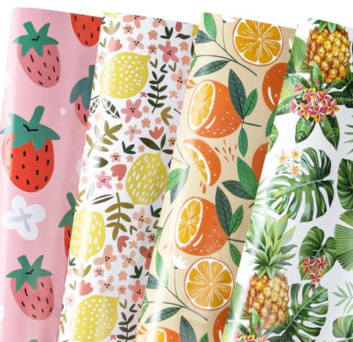 WRAPAHOLIC Geschenkpapierbogen – 12 Blatt Obst-Design, flach gefaltet mit 12 Geschenkanhängern für Geburtstage, Babypartys, Urlaub, Party, 50 x 70 cm pro Bogen