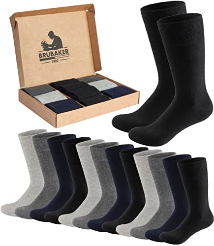BRUBAKER 10 Paar Herrensocken Baumwolle - Business Herren Socken - Großes Socken-Set - Atmungsaktive Anzugsocken in Geschenkbox - Baumwollsocken Schwarz, Grau und Dunkelblau - Größe 35-38