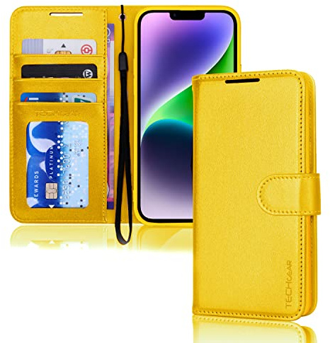 TECHGEAR iPhone 14 Leather Wallet Case, Flip Protective Case Cover with Wallet Card Holder, Stand and Wrist Strap - Yellow PU Leather with Magnetic Closure for iPhone 14 6.1