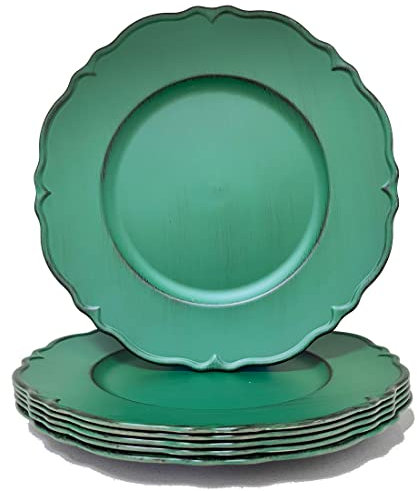 UOEKCS Antique Green Charger Plates, 13 Round Chargers for Dinner Plates, Set of 6 Plastic Plate Chargers for Weddings, Parties, Table Setting.
