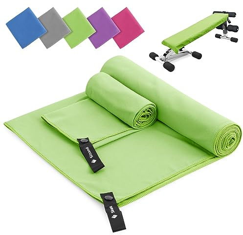 Sinand Mikrofaser Handtuch 2er Set | 180x60cm Groß Badetuch + 80x40cm Klein Hand Gesichtshandtuch | Schnelltrocknend Mikrofaser Handtücher, Sporthandtuch Fitnessstudio für Fitness Strand Gym(Grün)