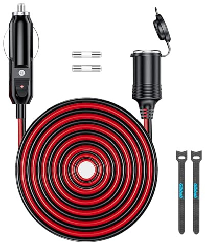 Gibbab 13FT 12V/24V Hochleistungs-Zigarettenanzünder-Verlängerungskabel 16AWG, 156W/15A Stecker auf Buchse Adapterkabel mit 2 * 15A Sicherung und LED-Leuchten für Luftpumpe, Reifenpumpe, Kompressor