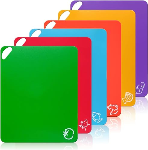 Jeffbaubl Schneidebrett, 6 Stück, 38 X 30.5cm, Bunt | Flexible Kunststoff-Schneidebrett-Matten, Lebensmittel-Icons, Schneidematte Küche for Fisch Obst Fleisch Brot Gemüse
