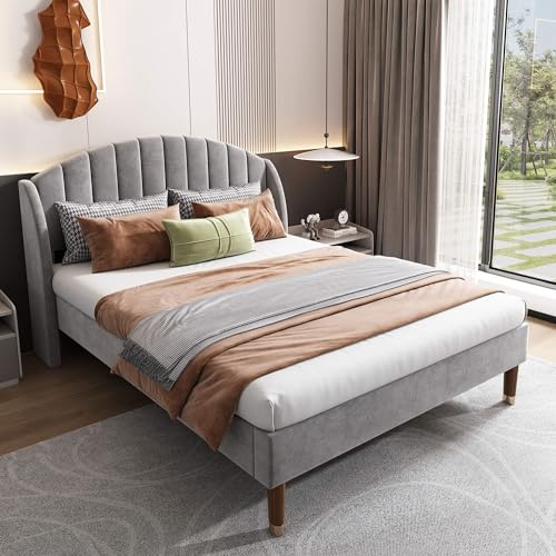 HYUB Cama tapizada para cama doble de 140 x 200 cm con somier y estructura de cama, espacio de almacenamiento, cama juvenil con cabecero, soporte de listones de madera, cama continental de terciopelo