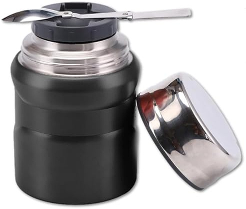 Multi-Purpose Hot/Cold Thermal Food Flask 495ml Stainless Steel Insulated BPA Free Double Walled Vacuum Soup Container with Folding Spoon for School, Office, Travel, Camping (Matt Black)