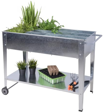 Metall Kräuter Hochbeet rollbar - 110 x 52 cm - Pflanzkasten mit 12 Einteilern und Ablage - Garten Gemüsebeet Kräuterbeet Blumenbeet mit Ablage und Fächern für Keimlinge