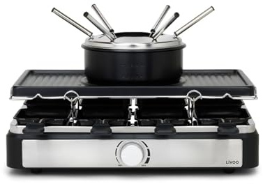 Livoo - Raclette, Fondue und Crêpes für 8 Personen DOC313 – 1400 W, Backen: 42 x 33 cm, Pfannkuchen, Durchmesser 16 cm
