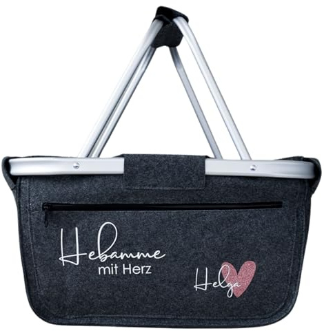 Geschenk für die Hebamme mit Herz und Namen | Geschenkidee zum Abschied für die beste Hebamme | Einkaufskorb aus Filz personalisiert | Abschiedsgeschenk | Geburtstagsgeschenk Tasche |