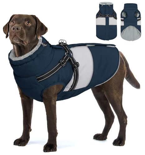 AOFITEE Hundemantel Winter, Wasserdicht Warme Hundejacke Wintermantel für Große Hunde, Reflektierend Hunde Wintermäntel mit Geschirr, Reißverschluss, Warme Outdoor Hundebekleidung für Kaltes Wetter