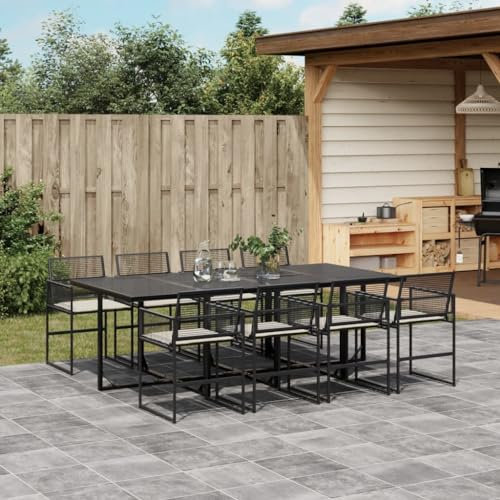 Homgoday 9-TLG. Garten-Essgruppe mit Kissen Gartenmöbel Set Gartentisch mit Stühle Sitzgruppe Essgruppe Gartengarnitur Tisch Stühle Terrassenmöbel Balkonmöbel Schwarz Poly Rattan