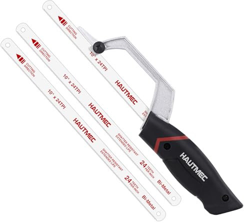 HAUTMEC Junior Hacksaw, Mini Hack Metal Saw, Compact Handsaw with 3 Pcs Bi-Metal HSS Blades, Tool-Free Replace Blade & Cutting Guide Design, Especially Cuts in Tight Hard-Reach Spaces, HT0426
