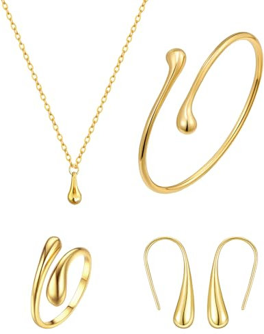 ZENGSING Wassertropfen SchmuckSet für Damen Versilbert Teardrop Halskette Tropfen Armreif Armband Drop Dangle Ohrringe Drop Einstellbare Offener Ring Geschenk für Frauen Geburtstag Weihnachten (Gold)