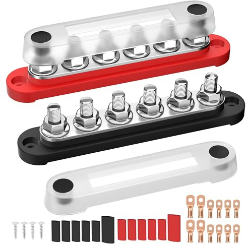 RVMARINEPAT Bloc de distribution d'alimentation 12 V 250 A, barres de bus 12 V, 6 goujons terminaux de 5/16 (M8) positifs et négatifs pour voiture, marine, systèmes solaires