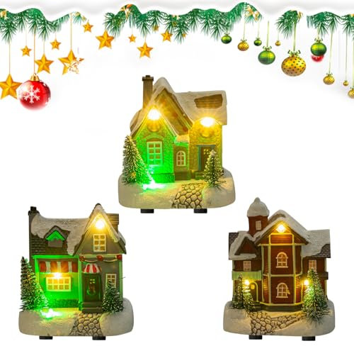 Skeadex Weihnachtsdorf mit Beleuchtung Gro, 3D Harz Miniatur Retro Weihnachtsdorf (3PCS)