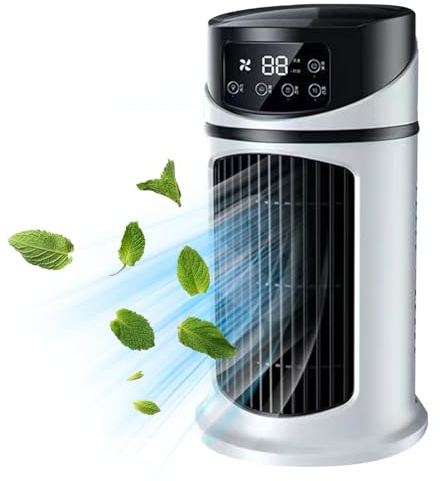 Personal Air Conditioners 9.5'' Tall Small Tower Fan 6 Speeds Portable AC with 300ML Water Tank 6H Timer Bladeless Fan Quiet Misting Fan for Bathroom