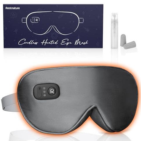 Restnature Drahtlos Kohlefaser Beheizte Augenmaske, Wiederaufladbar Wärmebrille Augen mit 3-Temp-Stufen, Abnehmbarer Waschbarer Bezug, Verbesserter Komfort Wärmende Augenmaske, Geeignet für Reisen