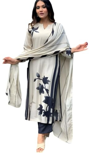 The Red Lion Enterprise Women Anarkali Dress, Alia cut kurti, Salwar suit pant and Dupatta 3pc set for women kurti dress, White Black, Large
