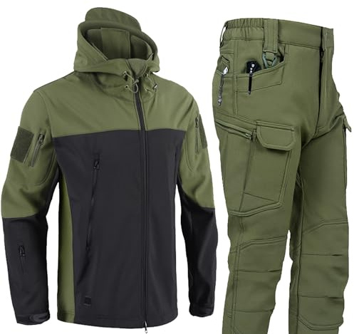 PODOLIXIA Set di divise tattiche da uomo, 2 pezzi, impermeabile, antivento, militare, tuta da combattimento imbottita, in pile polare, mimetico, giacca softshell da 2 pezzi, verde, 3XL
