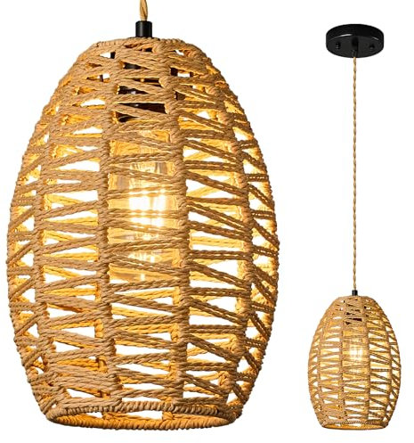 ZPBSJ Lustre en Rotin Brun Lampe à Suspension île de Cuisine Hauteur Réglable Bohème Lampe E27 Suspension Panier Style Ferme Salon Lampes(1-Paquet)