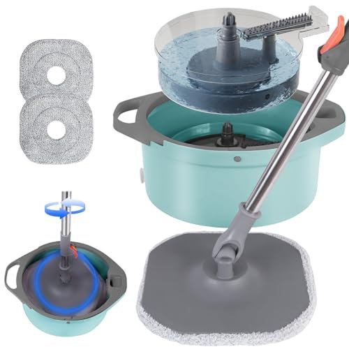 Trapeador giratorio y cubo con agua limpia y sucia separada, sistema de fregona giratoria de 360° y cubo con mango plegable ampliable, 2 almohadillas reemplazables, fregona cuadrada para limpieza de