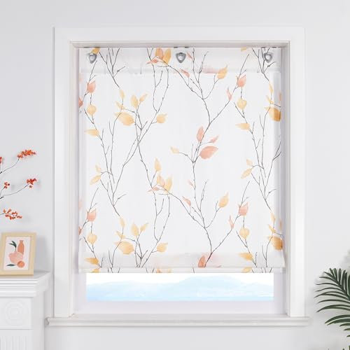 ESLIR Raffrollo ohne Bohren Landhaus Gardinen Küche Transparent Raffgardinen mit Ösen Weiß Wohnzimmer Bändchenrollo mit Blattdesign Orange BxH 80x140 cm 1 Stück