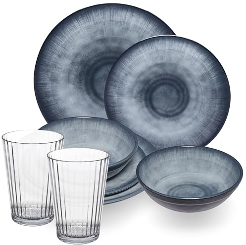 Melamin Geschirr Set Jesolo Grau für 2 Personen - 8 Teile - mit klarem Trinkglas 580ml - aus Acryl Steingutoptik Spülmaschinengeeignet Campingzubehör Campinggeschirr Wohnwagen Camping Festival