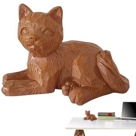 Katzenstatue, Garten-Dekoration, Kunstharz-Tierskulptur, 14,5 x 9 x 9,5 cm, Frühlingsdekoration für , Tisch, Tablett, Holzfarbe, Kaffeefarben