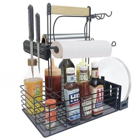CANSHOW Grill Caddy,BBQ Condiment Organizer for Outdoor, Camping Tailgating Picnic Kitchen Storage Caddy Kitchen Organizer for Camper Magnetic Tool Holder with Paper Towel Holder with Handle Portable