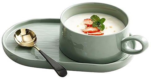JKXLSLAX Ceramic Soup and Sandwich Plate Set, 420 Ml Soup Bowls Breakfast Oatmeal Cup with Handles,9.84 Inch Oval Bread Dessert Plate Soup and Cracker Bowls Set for Breakfast(Green)